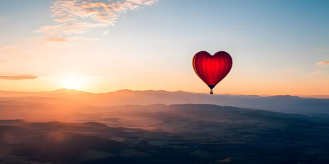 Fototapeta premium A heart-shaped balloon in the sky, floating above a beautiful landscape, in sunny weather. A romantic date in a hot air balloon. Concept romance date.