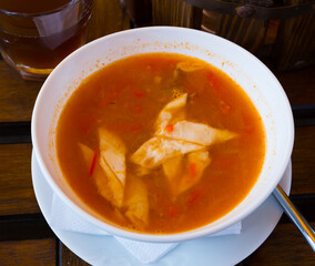 Portion of Laghman, Central Asian dish of pulled noodles, meat and vegetables