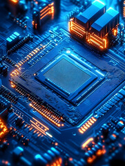 Closeup of a central processing unit on a blue circuit board with glowing connections : Generative AI