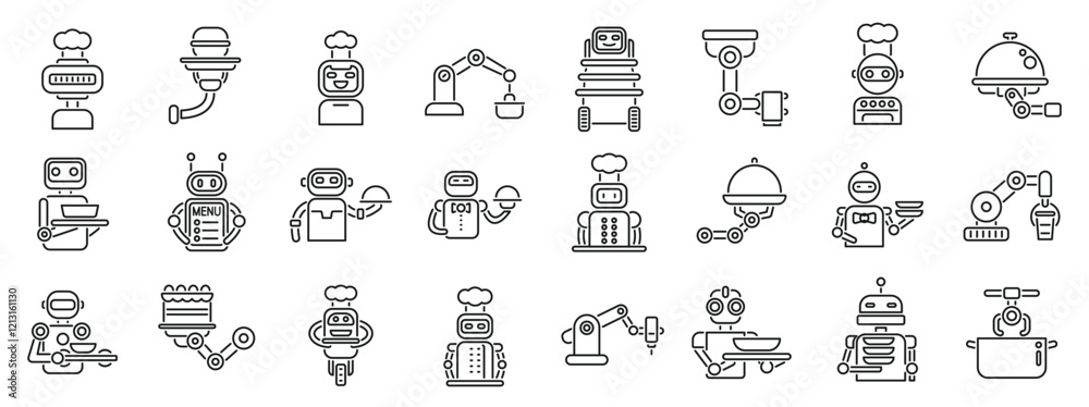 Poster robot restaurant icons set. set of line icons representing automated service robots working as waite