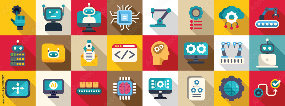 Poster rpa icons set. colorful icons representing various aspects of artificial intelligence, including aut