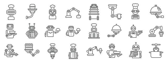 Robot restaurant icons set. Set of line icons representing automated service robots working as waiters and chefs in a restaurant, preparing and serving meals