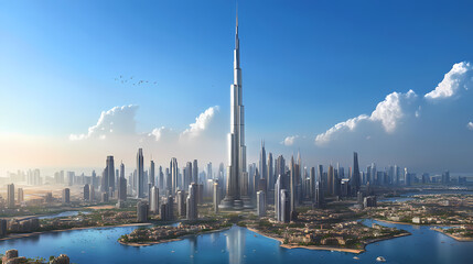 Obraz premium Aerial view of towering skyscrapers against a clear blue sky. Zenith Tower. Illustration