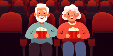 Elderly couple on a date in a movie theater. Romantic date of elderly couple on Valentine's Day. Concept Elderly couple on a date.