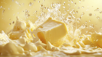 A splash. , splashes, smeared, background chunks, , splashes. Yellow butter with chunks of yellow butter. A smeared layer of yellow butter on a white background with chunks lifestyle of butter.