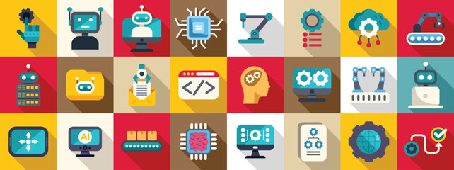 RPA icons set. Colorful icons representing various aspects of artificial intelligence, including automation, robotics, machine learning, and cloud computing