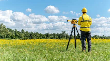 Surveyor using equipment in a field, sunny day