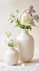 Fototapeta premium soft and elegant composition of two vintage-inspired ceramic vases adorned with speckled patterns, each holding fresh spring flowers