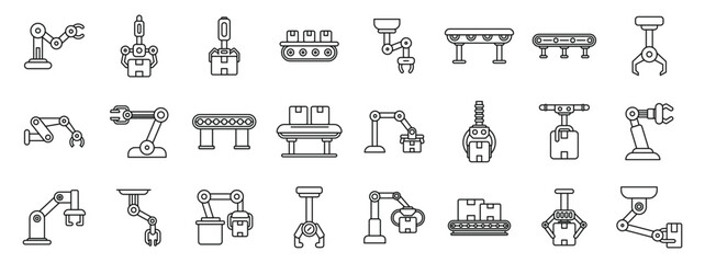 Robot conveyor belt icons set. Set of simple outlined icons representing robotic arms manipulating cardboard boxes on conveyor belts in industrial manufacturing processes