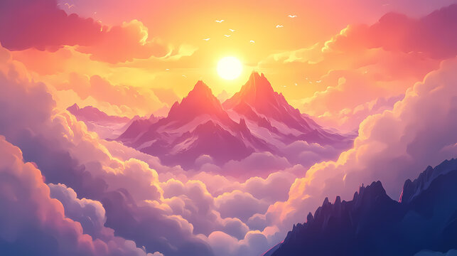 Golden sunlight bathes towering peaks amidst rolling clouds in a breathtaking mountainous dawn. Zenith Tower. Illustration