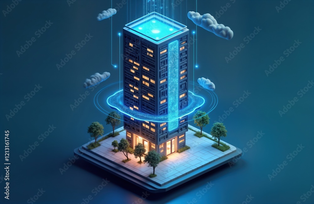 Fototapete Smart modern building with connected tech. Building lit up at night. Isometric view shows tech interface around structure. Shows integrated smart home system. Illustration future tech concepts.