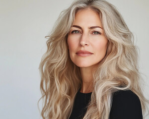 beautiful blonde woman age 42 long thick hair wavy on white backdrop studio shot for skincare ad