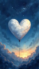 Fototapeta premium Heart shaped balloon in the sky. Valentine's day background illustration