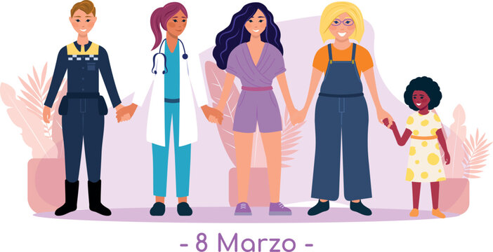 8 marzo d&iacute;a de la mujer, Grupo de mujeres diverso con diferentes edades, culturas y profesiones, unidas de la mano