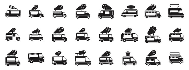 Ice cream truck icons set. Various ice cream truck icons showcasing different designs and styles, perfect for representing mobile dessert vendors