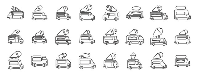 Ice cream truck icons set. Ice cream truck icons showcasing different designs and styles, perfect for representing summer treats, mobile vendors, and frozen desserts