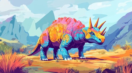 Obraz premium Vibrant Rainbow Dinosaur Roams Ancient Mountain Landscape