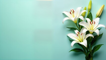 Delicate white lilies arranged on tranquil mint green background. Elegant, peaceful flowers suitable for condolence cards sympathy messages. Beautiful floral arrangement evokes sense of remembrance,
