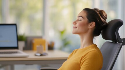 Relaxed woman meditating at desk in modern office setting