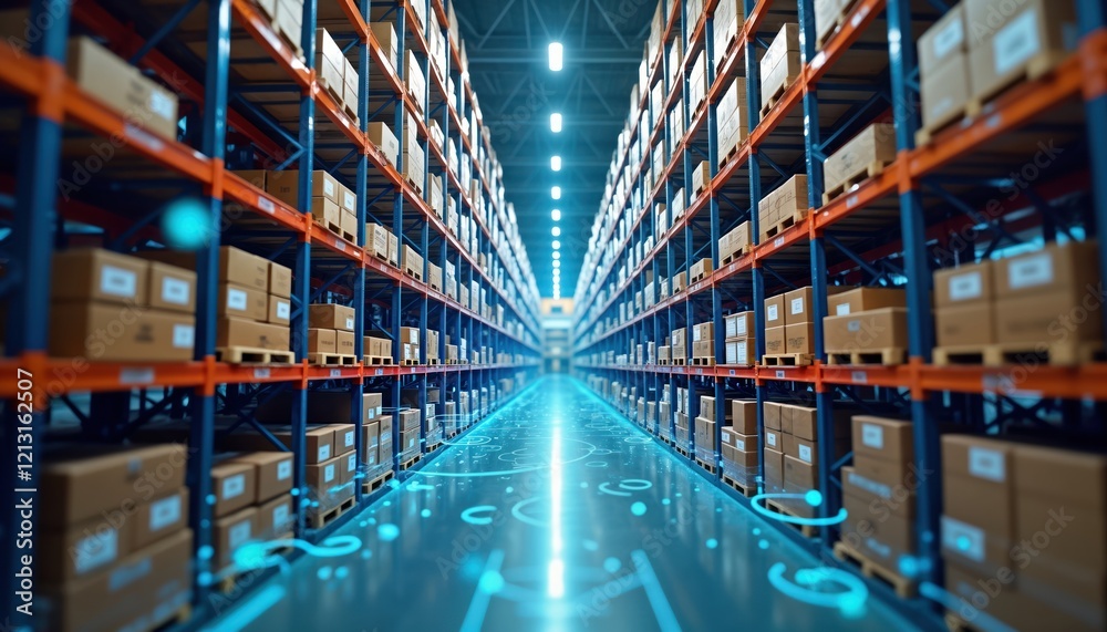 Poster AI-powered inventory management optimizes warehouse operations. Smart tech guides efficient stock control. Products organized systematically for smooth logistics. Automated demand forecasting ensures