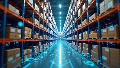 AI-powered inventory management optimizes warehouse operations. Smart tech guides efficient stock control. Products organized systematically for smooth logistics. Automated demand forecasting ensures