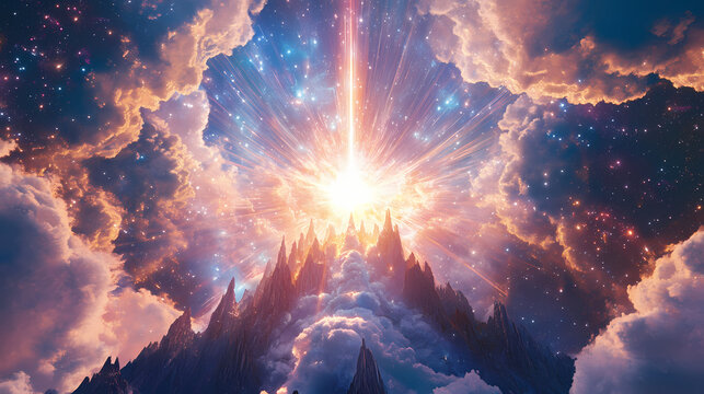 Vibrant cosmic landscape reveals towering mountains and radiant beams of light during a surreal celestial event at dusk. Zenith Tower. Illustration