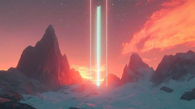 Vibrant cosmic landscape reveals towering mountains and radiant beams of light during a surreal celestial event at dusk. Zenith Tower. Illustration