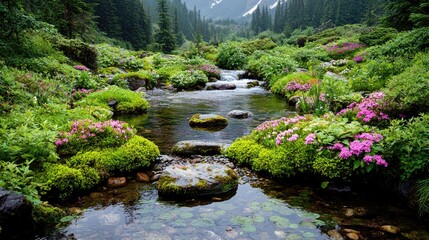 Mountain stream flows through alpine meadow, wildflowers bloom, background mountains. Nature photography for travel brochures
