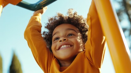 Happy child on playground monkey bars enjoying outdoor fitness activity