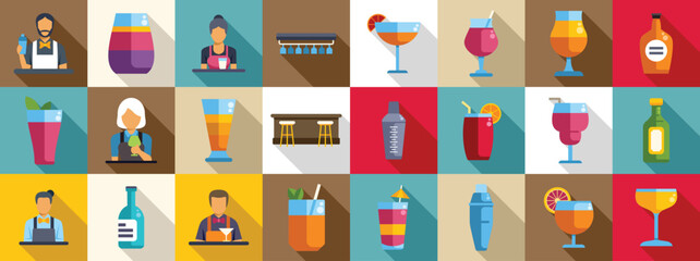 Bartender making cocktail icons set. Flat icon set representing bartenders preparing cocktails and drinks in a bar