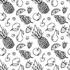Cotton fabric Hand drawn vector seamless pattern with fruits. pineapple, lemon, pear, cherry and grapes in whimsical line art style. Monochrome illustration for menu, prints, packaging, posters, and invitations