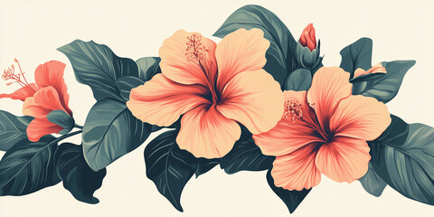 Fototapeta premium Realistic illustration of peach hibiscus flowers with green leaves