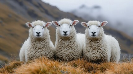 Fototapeta premium Three Fluffy Sheep Sitting Together In Grass