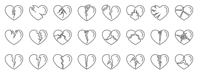 Cracked heart icons set. Collection of broken heart icons symbolizing heartbreak, loss, and emotional pain