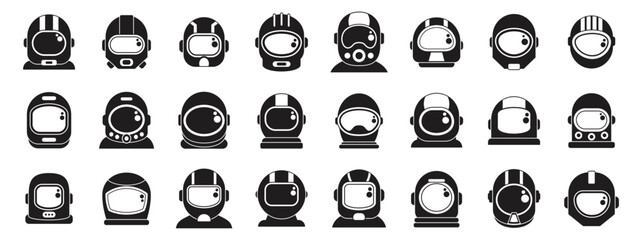 Cosmonaut helmet icons set. Collection of astronaut helmets showcasing diverse designs for space travel and futuristic protective gear © anatolir