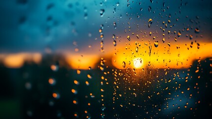 Rainy sunset view through windowpane