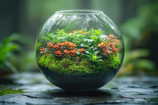 lush terrarium ecosystem in glass sphere miniature rainforest with moss and tiny plants sustainable microcosm