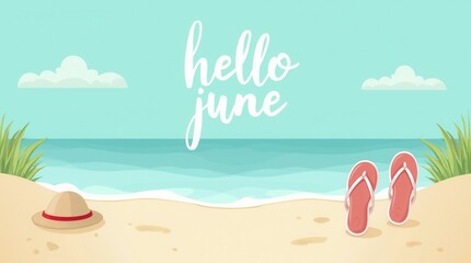 Hello June Illustration – Pastel Colors, Summer Beach Theme