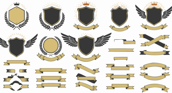 Laurel wreath , shield , wing , ribbon , and banners vector set . Laurel wreath s, shield s, wing s, ribbon s illustration for awards , heraldry , logos , badges , and branding designs