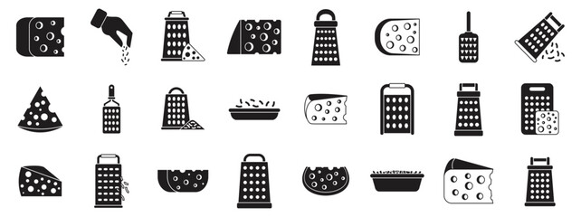 Grated cheese icons set. Set of icons representing cheese pieces, graters, and the process of grating, perfect for culinary and food related projects