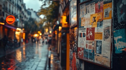 Fototapeta premium Rainy Paris street, posters, blurred background, evening ambiance; travel blog