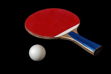 racket with ball for playing table tennis on a black background