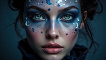 Creative experimental makeup with celestial details of moon and stars, glowing in vibrant blue hues.