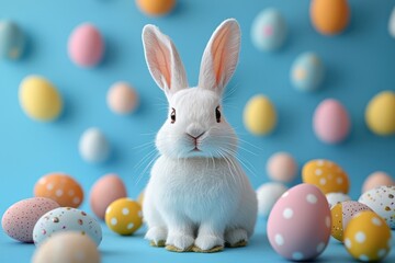 Fototapeta premium An Easter bunny surrounded by colorful eggs on a bright blue background, creating a lively scene.