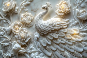 luxurious 3d white marble wall panel featuring intricate art nouveauinspired relief of intertwining peacocks and orchids soft ambient lighting casting subtle shadows