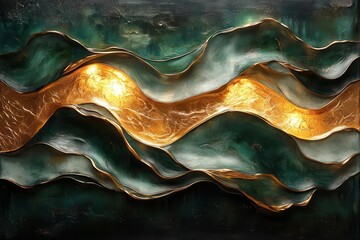 luxurious abstract artwork featuring fluid metallic gold streams intertwining with deep olive...