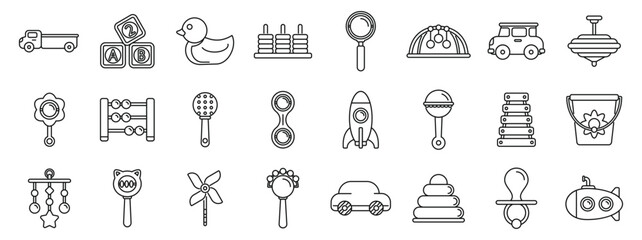 First babies toys icons set. Engaging line art icons of various baby toys, symbolizing learning, play, and development in early childhood