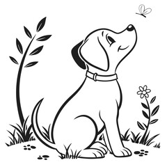 Obraz premium Cute dog sitting, black outline, monochrome vector.