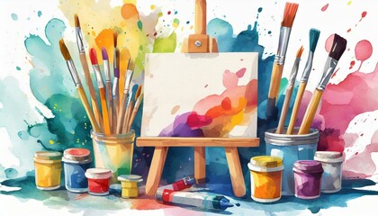 Painting tools elements cartoon colorful vector concept. Art supplies: easel, canvas, paint tubes, brushes, watercolor splash background. Drawing creative materials illustration for workshops designs