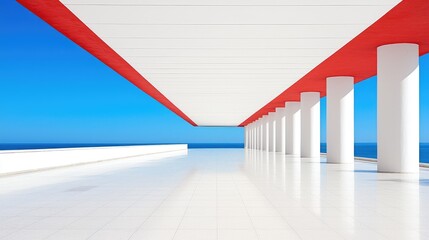 Fototapeta premium Coastal Red-White Colonnade; Summer Ocean View; Architecture Design